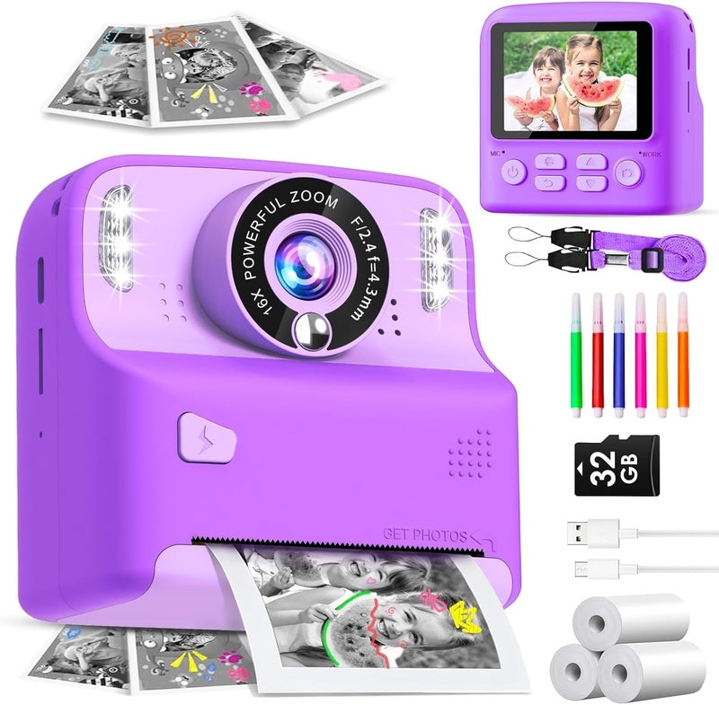 MindPal Kids Camera Instant Print, 1080P HD Digital Cameras for Boys and Girls with 32G Card & 200+ Photo Papers, Toy for Girls Age 3-16, 3 4 5 6 7 8 9 10 Year Old Toddler and Teenagers Purple - Image 1